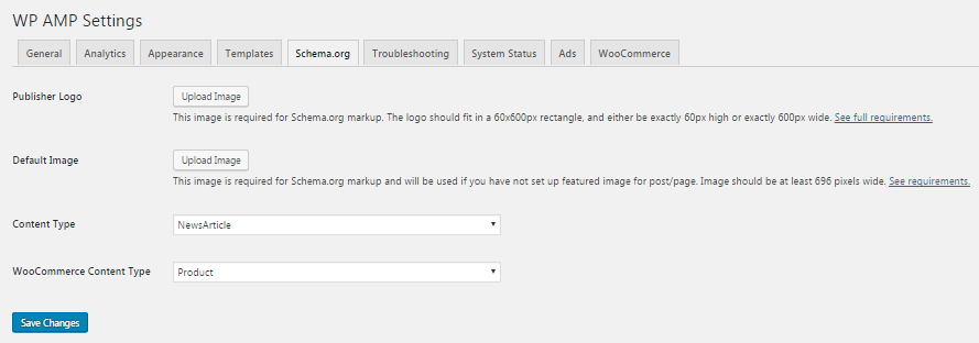 WP AMP Settings (schema.org)